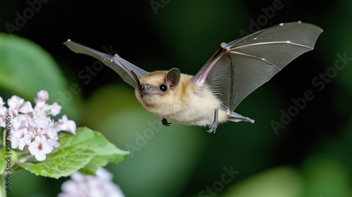 Lesser Long-nosed Bat, Leptonycteris curasoae, adult in flight at night feeding