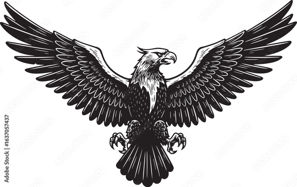 Obraz premium Majestic eagle in flight woodcut illustration, isolated on white