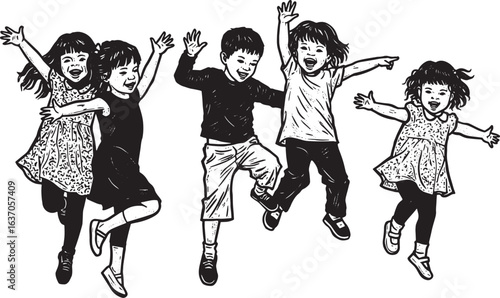 Joyful children dancing in woodcut style, black and white illust