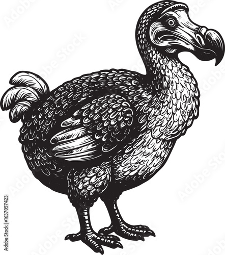 Detailed woodcut illustration of an extinct dodo bird, isolated