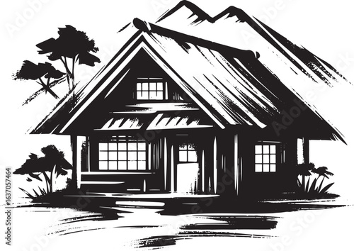 Ink Wash Cabin Illustration: Serene Dwelling in Sumi-e Style wit