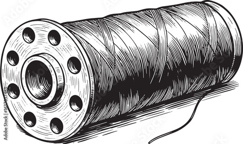 Elegant monochrome rendering of a classic thread spool in woodcu