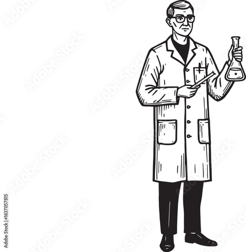 Scientist in Lab Coat Holding Erlenmeyer Flask Engraving Style I