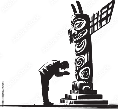 Sumi-e illustration of a man in reverence bowing to a carved tot