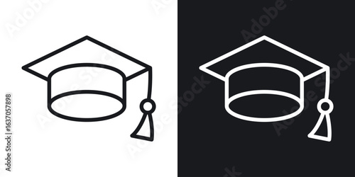 Graduation cap icon thin line outline art. Doodle graphics