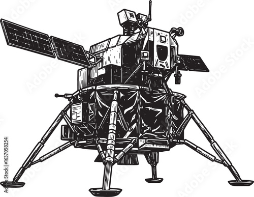 Artistic rendition of lunar module, woodcut style, space explora