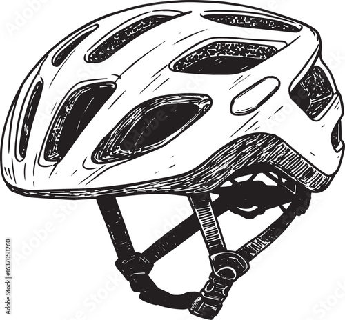 Stylized cycling helmet illustration with detailed woodcut textu
