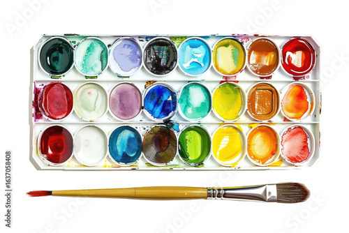 Watercolor paint palette with brush