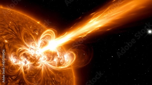 Solar flare erupting from the sun, vibrant orange and yellow colors, dynamic energy patterns, against black space background, dramatic and powerful atmosphere.