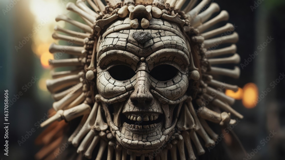 Obraz premium Ancient Ritual Mask with Cracked Mosaic Face and Sunburst Bone Headdress