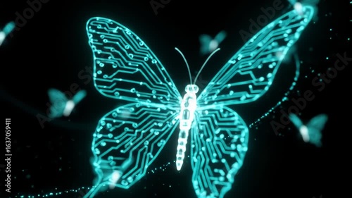 A glowing blue circuit-pattern butterfly with smaller butterflies in dark background, emphasizing a tech-inspired aesthetic.
