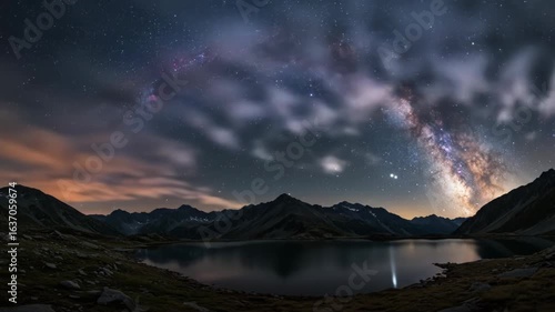 Panoramic landscape of mountains at night, featuring a vibrant Milky Way arching over a still lake, soft clouds partially obscuring stars, cool tones dominating with hints of warm light.