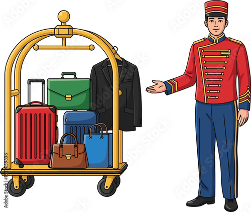 Cartoon bellhop with luggage cart, red uniform, gold trim, hotel service, suitcases, vector illustration, hospitality staff, travel theme