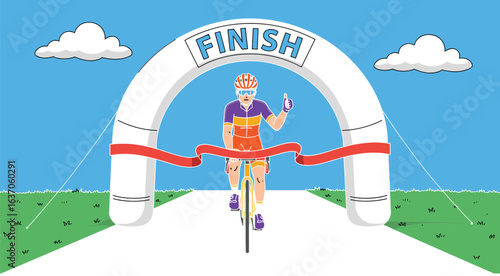 Cyclist crossing finish line, yellow bike, purple outfit, thumbs up, race winner, inflatable arch, vector illustration, sports theme