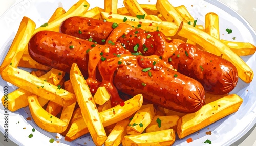 Colorful illustration of French fries and sausages