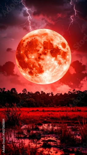 Blood moon over a swamp
