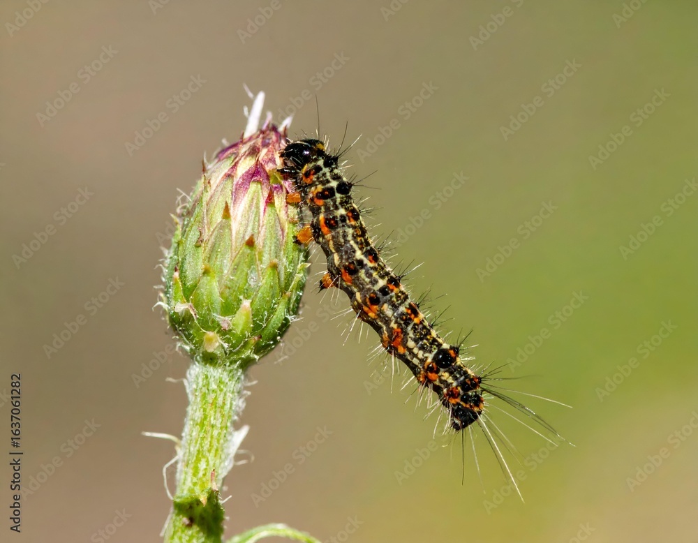 A black and orange spiky caterpillar is crawling on a green plant bud in a detailed macro shot. A black and orange spiky caterpillar is crawling on a green plant bud in a detailed macro shot.