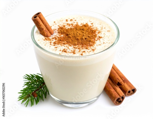 A festive glass of classic holiday eggnog topped with cinnamon powder and a stick, isolated on a white background