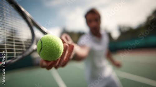 Tennis player about to hit a bright yellow ball with a racket on a green court
