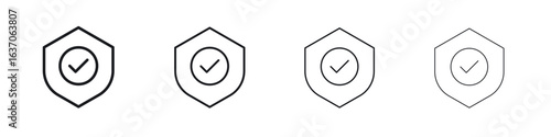 Shield check mark icons big set. Simple black stroke line versions collection