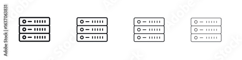 Server rack icons big set. Simple black stroke line versions collection