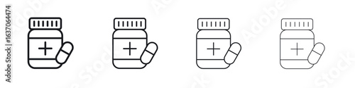 Pill bottle icons big set. Simple black stroke line versions collection