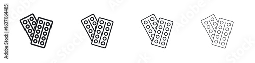 Pill blister pack icons big set. Simple black stroke line versions collection