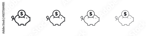 Piggy bank icons big set. Simple black stroke line versions collection