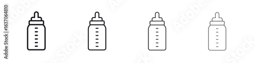 Milk bottle icons big set. Simple black stroke line versions collection