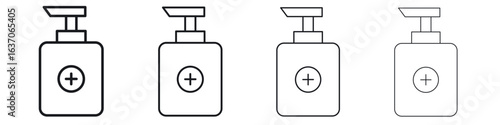 Hand sanitizer icons big set. Simple black stroke line versions collection