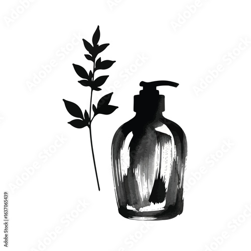 Black ink dispenser bottle with botanical sprig pump