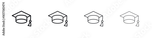 Graduation cap icons big set. Simple black stroke line versions collection
