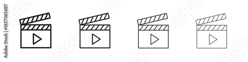 Film clapperboard icons big set. Simple black stroke line versions collection