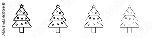 Christmas tree icons big set. Simple black stroke line versions collection
