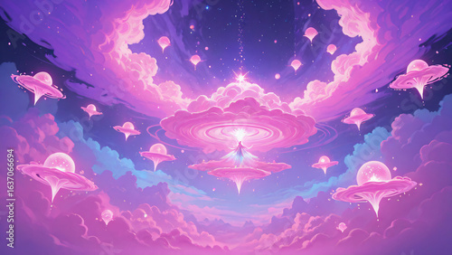 The sky is full of swirling colors and star-winged angels.