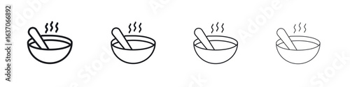 Bowl of soup icons big set. Simple black stroke line versions collection