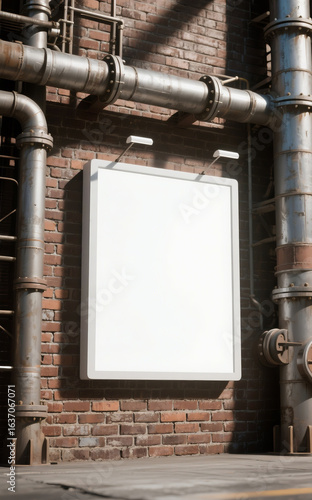 Empty signage mockup on an industrial brick wall with pipes. Blank vertical advertising poster template.
