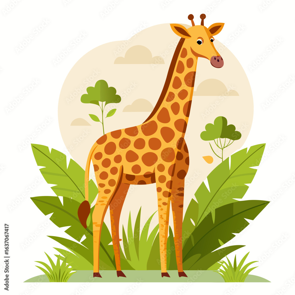 Obraz premium vector illustration of giraffe, eating leaves, flat design