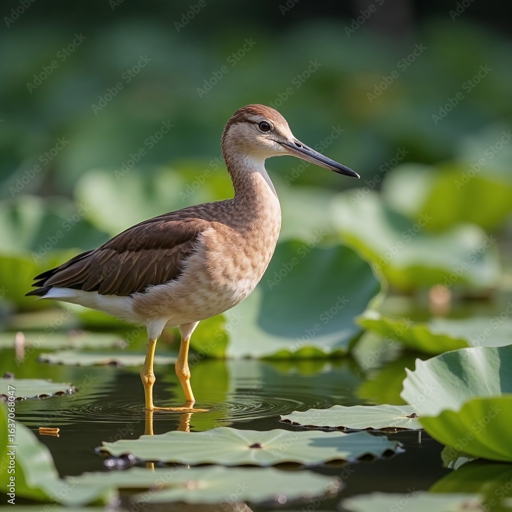 Obraz premium Brown water bird standing among green lotus leaves in calm pond, wildlife photography