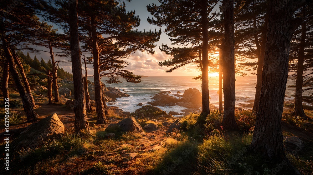 Obraz premium Golden sunrise glow streaming through tall pine trees above a serene rolling sea
