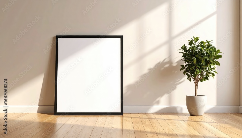 Blank Canvas: Minimalist Room Scene with Sunlight and Plant Blank Canvas: Minimalist Room Scene with Sunlight and Plant