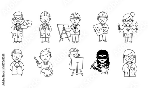 Black and White Line Art Set of Various Cartoon Professional Characters Including Doctors, Engineers, Scientists, and Artists, Representing Diverse Careers