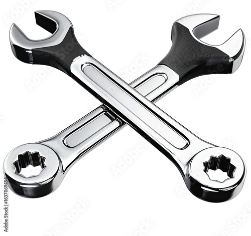Two crossed adjustable wrenches in 3D