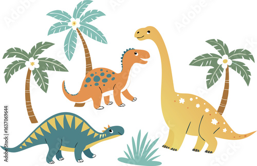 Cute cartoon dinosaurs and palm trees in a tropical setting