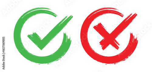 Grunge vector checkmark and cross. Grunge green check mark and red cross mark icon set. brush correct or incorrect sign with circle.