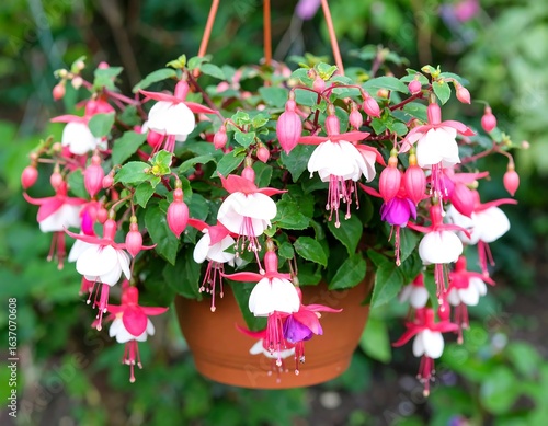 Fuchsia blooms in hanging terracotta pot
