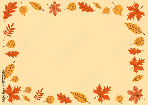 Autumn frame made of orange and yellow leaves with an empty center for text or design. Flat vector illustration  for seasonal greeting cards, posters, and invitations, Harvest Festival