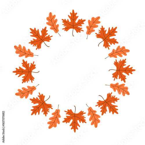 Flat vector illustration of an autumn wreath frame made of orange oak and maple leaves with an empty center for text or design. Suitable for seasonal greeting cards, posters, and invitations.