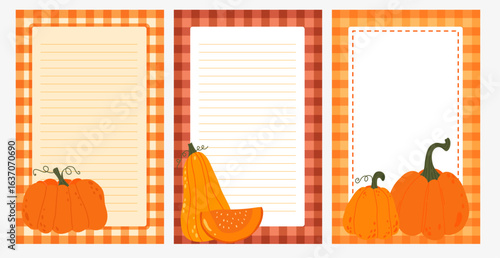 Flat vector illustration of three autumn notes templates with checkered frames and pumpkins. Suitable for seasonal stationery, planners, and printable lists.