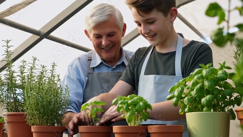 Wallpaper Mural Elderly Caucasian Male and Young Caucasian Male Gardening Together in Greenhouse Torontodigital.ca